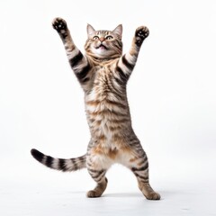 A playful cat standing on its hind legs with paws raised, showcasing a lively pose.