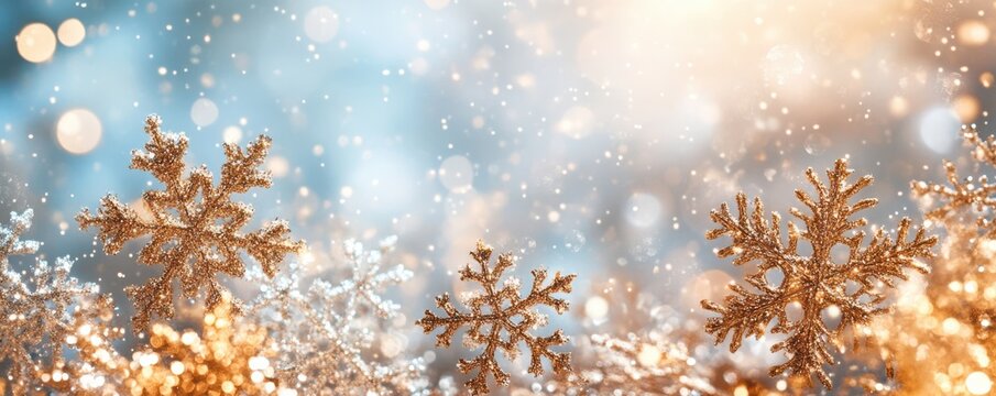 Elegant snowflake background with golden and silver glitter, perfect for festive holiday celebrations