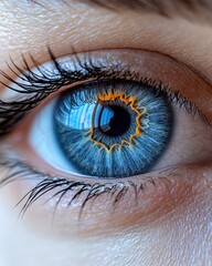 Fototapeta premium A close-up of a human eye with light blue iris and sharp, well-defined eyelashes, isolated on white background