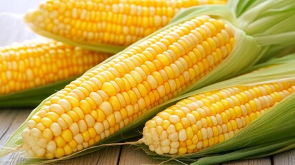 Freshly harvested sweet corn cobs with husks on a wooden table