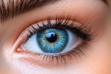 Obraz premium A close-up of a pale blue eye with vivid detail in the iris and fine lashes, isolated on white background