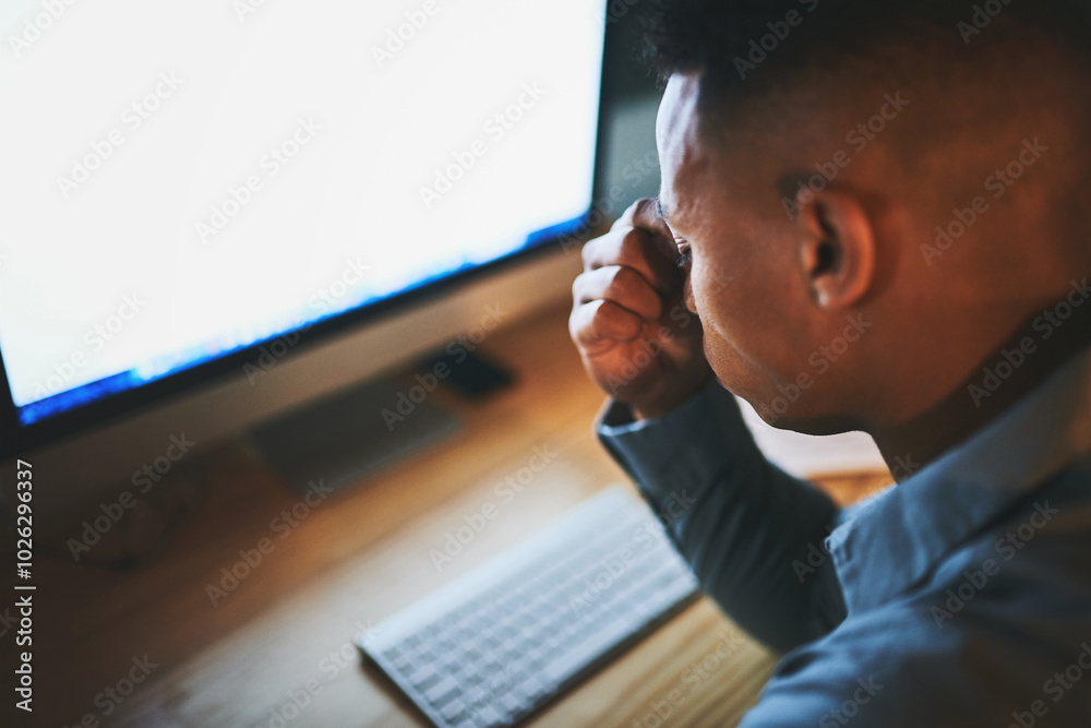 Poster Man, stress and computer screen in office at night, project management crisis and networking fail. Male person, mockup space and pc for eye strain in workplace, accountant and online for trading