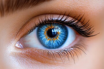 Fototapeta premium A close-up of a pale blue eye with vivid detail in the iris and fine lashes, isolated on white background