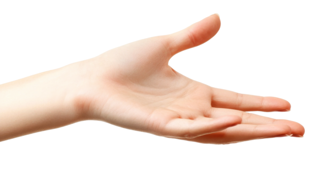A human hand reaching out against a transparent background for assistance or connection in a neutral setting