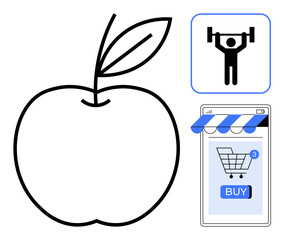 Large apple icon a fitness icon with person lifting weights and shopping cart on mobile screen. Ideal for health, fitness, online shopping, nutrition, wellness, and modern lifestyle