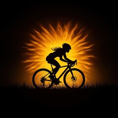 Obraz premium A silhouette of a cyclist against a vibrant sunburst backdrop, capturing the essence of adventure and freedom in a stunning sunset.