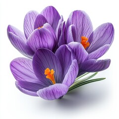 A close-up of a violet crocus flower, showing its vibrant purple hue, isolated on white background