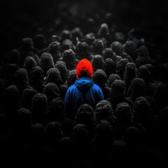 A lone figure in vibrant red stands out amid a sea of dark, indistinguishable shapes, symbolizing individuality in a crowd.