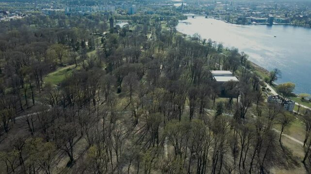 Top drone footage of Flatow Tower in Babelsberg Park at Potsdam, Germany