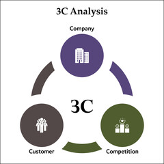 3C Analysis - Company, Customer, competition. Infographic template with icons and description placeholder