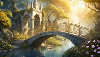 n ornate bridge crafted from shimmering silver and gold, adorned with delicate flower vines, leads into a hidden magical village nestled deep within an enchanted forest