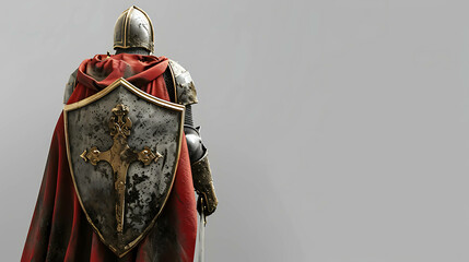 A medieval knight in full armor stands with his back to the camera, holding a shield with a golden cross.