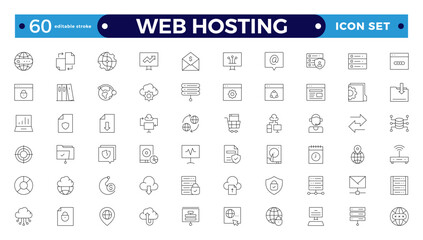 Web Hosting outline web icons set. Web hosting, server, CDN, VPN, domain, FTP, internet, backup, SSL, database and firewall. Editable stroke outline icon.
