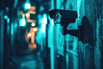 Security camera recording a dark alleyway at night
