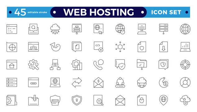 Web Hosting outline web icons set. Web hosting, server, CDN, VPN, domain, FTP, internet, backup, SSL, database and firewall. Editable stroke outline icon.
