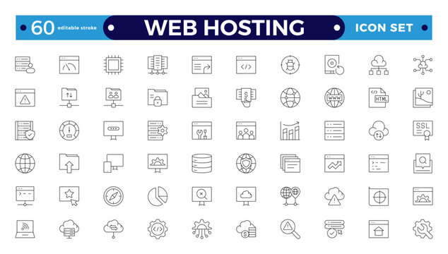 Web Hosting outline web icons set. Web hosting, server, CDN, VPN, domain, FTP, internet, backup, SSL, database and firewall. Editable stroke outline icon.

