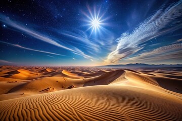 Naklejka premium Moonlit desert landscape with towering sand dunes under star-filled sky