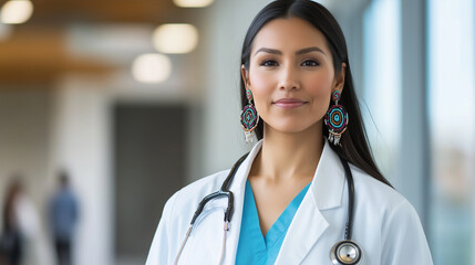 A Native American woman in a healthcare setting, working as a doctor. She wears a white coat and stethoscope, but her earrings are hand-beaded in vibrant colors, subtly incorporati