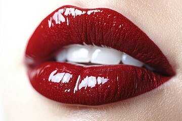 Obraz premium A close-up of full, red lips with a glossy finish, isolated on white background 