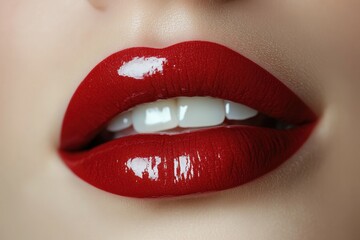 Obraz premium A close-up of full, red lips with a glossy finish, isolated on white background 