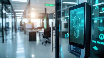 Conceptual image of a biometric attendance system in a workplace, emphasizing efficiency and modern practices