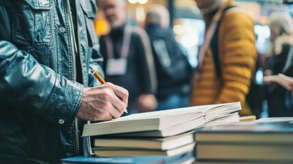 Conceptual image of an author signing copies of their biography at a book launch event, capturing literary achievement