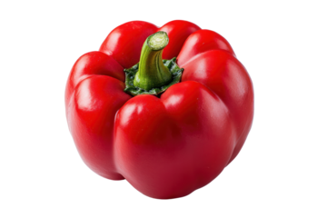Fresh, vibrant red bell pepper with a glossy skin, showcasing its smooth texture and crisp edges, placed at an angle to emphasize its three-dimensional shape