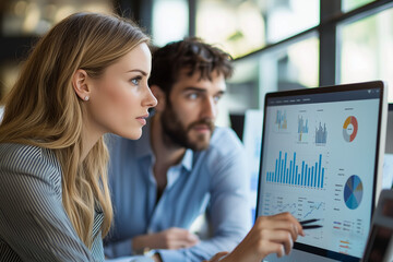 Business professionals examining detailed data reports during a collaborative meeting in a modern office setting