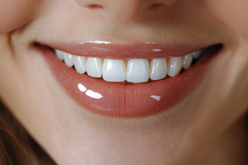 Fototapeta premium A close-up of a woman's joyful smile revealing her bright white teeth in a warm and inviting setting during a sunny day