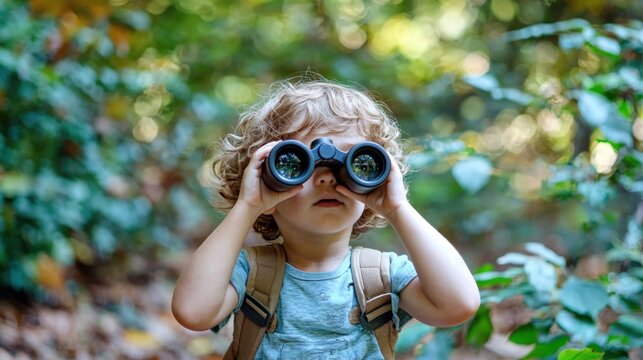Conceptual image of a child using binoculars during a nature hike, emphasizing curiosity and discovery