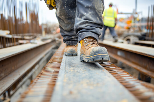 Construction worker navigating steel beams at a busy construction site during daylight hours