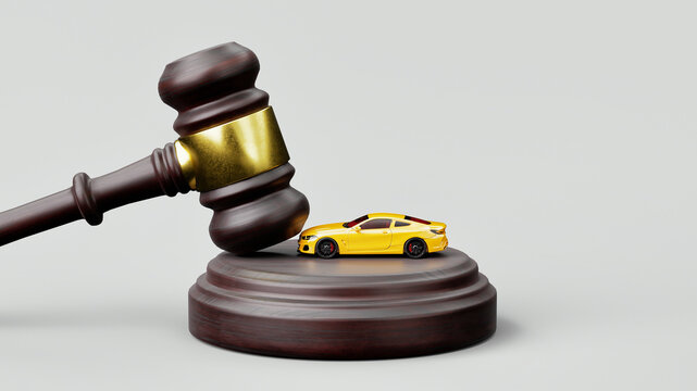 Symbolic image representing car auctions or legal actions involving vehicles, with a gavel and a sports car on a judge's block.