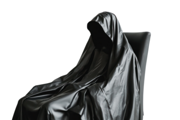 A stylish black raincoat draped over a chair, highlighting the sleek material and modern design.