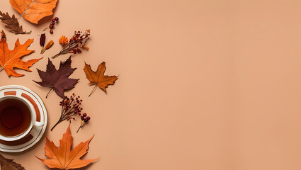 cup of coffee with autumn leaves, autumn leaves,
fall season, copy space background