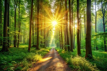 Obraz premium Morning sunlight filtering through trees along a forest path, creating depth of field effect