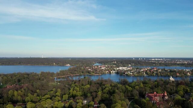 Aerial drone shot of Mamorpalais and lake Heiliger See in Potsdam, Germany