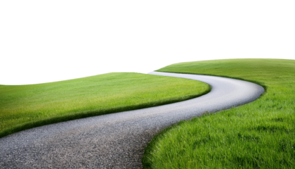 Winding asphalt path through green grass on transparent background