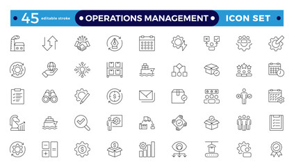 Operations management web icons in line style. Logistics, business process, maintenance, supply chain, improvement, planning,Audit, processing, operation  collection. Editable stroke outline icon.
