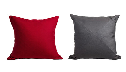 2 Collection set of red maroon grey gray blank cushion pillow cover, front side lying view