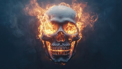 Skull on fire with smoke forming abstract shapes, dark and moody atmosphere, skull, smoke and fire