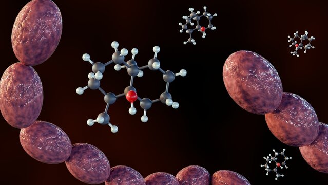 3d rendering of streptomyces and geosmin molecules, geosmin contributes to the distinctive earthy odor.