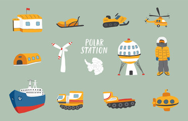 Polar station objects collection. Arctic or Antarctic expedition elements set. Vector illustration