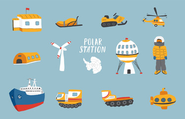 Polar station objects collection. Arctic or Antarctic expedition elements set. Vector illustration