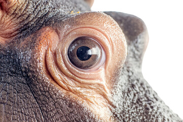 A close-up of a baby hippos face, highlighting its expressive eyes and smooth skin, showing innocence and curiosity.
