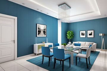 A modern living and dining room with teal walls and accents. It features a white sofa, teal chairs, glass dining table, white sideboard, floor lamp, and indoor plant. framed photos adorn the wall