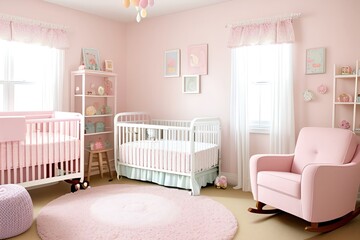 A cozy nursery with soft pink walls features two white cribs adorned with pastel bedding. A matching pink rocking chair sits on a plush round rug. Shelves hold stuffed toys and decorations