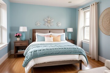 A cozy bedroom with blue walls featuring a bed with a knitted blue blanket and decorative pillows. Two bedside tables with lamps flank the bed. A window with white curtains lets in natural light
