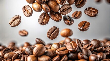 Floating Coffee Beans - Minimalist Fresh Roasted Beans in Air on White Background