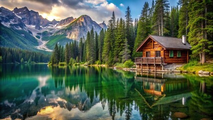 Obraz premium Mountain cabin by crystal clear lake reflecting
