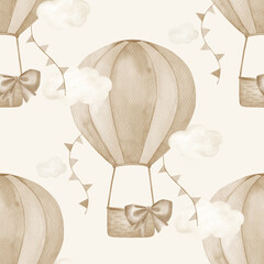 Watercolor kids seamless pattern with hot air balloon,  clouds and garlands. Hand drawn cute  illustration on white background, for wrapping, wallpaper, nursery